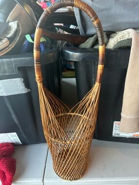 Vintage Brown Woven Bamboo Basket with Handle